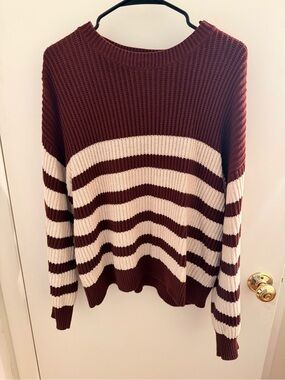 Treasure & Bond Maroon and Cream Striped Crewneck Sweater